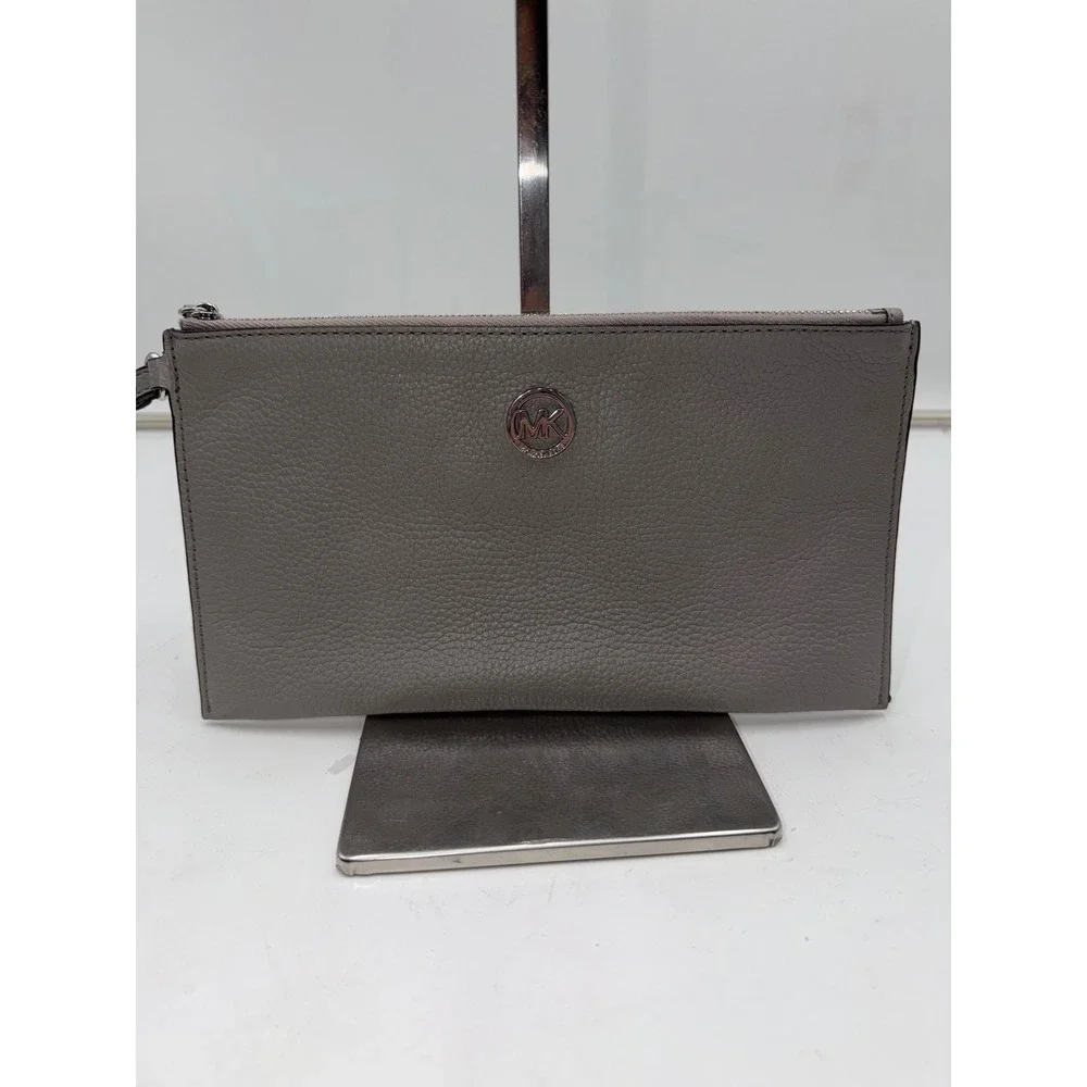 Michael Kors Adele Grey Pebbled Leather Large Zip Clutch Wristlet Silver Logo
